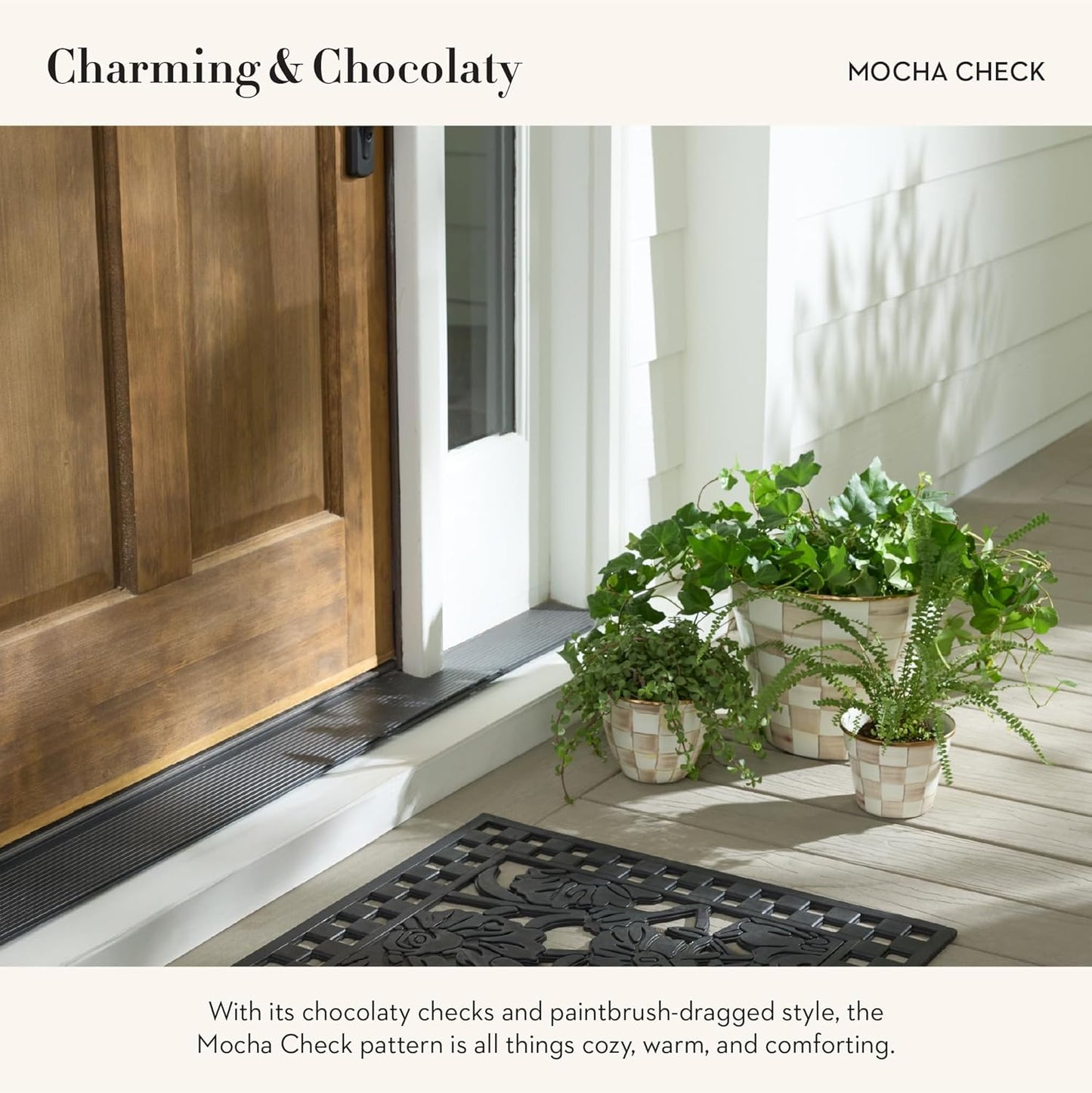 MACKENZIE-CHILDS Enamel Garden Pot, Decorative Pot for Plants, Outdoor Flowerpot Decor, Extra Large, Brown-and-White Mocha Check