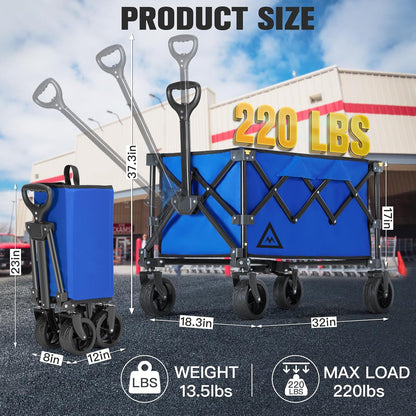 Wagon Cart Shopping Foldable Folding Collapsible with Wheels Big On Beach Garden Outdoor Grocery Heavy Duty Utility All Terrain Portable Wagons Carts for Groceries Sand Camping Sports Blue