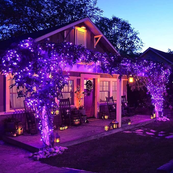 JMEXSUSS 4 Pack Purple Solar String Lights Outdoor Waterproof, 100 LED 33ft Purple Solar Fairy Lights, 8 Modes Copper Wire Christmas Light for Halloween Christmas Garden Yard Tree Decor