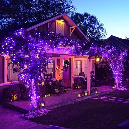 JMEXSUSS 4 Pack Purple Solar String Lights Outdoor Waterproof, 100 LED 33ft Purple Solar Fairy Lights, 8 Modes Copper Wire Christmas Light for Halloween Christmas Garden Yard Tree Decor