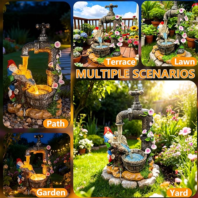 Solar Garden Gnomes Statues Outdoor Yard Decorations, 10" Resin Fountain Gnome Outside Christmas Art Decor for Lawn Patio Porch Backyard,Unique Housewarming Gifts for Women Mom Grandma