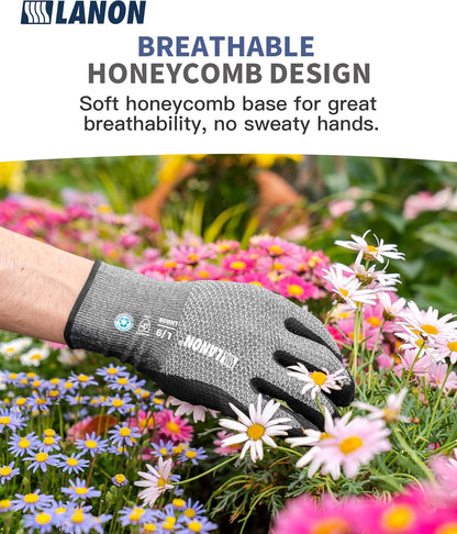 LANON Gardening Gloves for Men Women, 2 Pairs Nitrile Coated Garden Gloves with Grip, Breathable B.COMB AIR Technique, Dusty Olive & Bluebird, Large