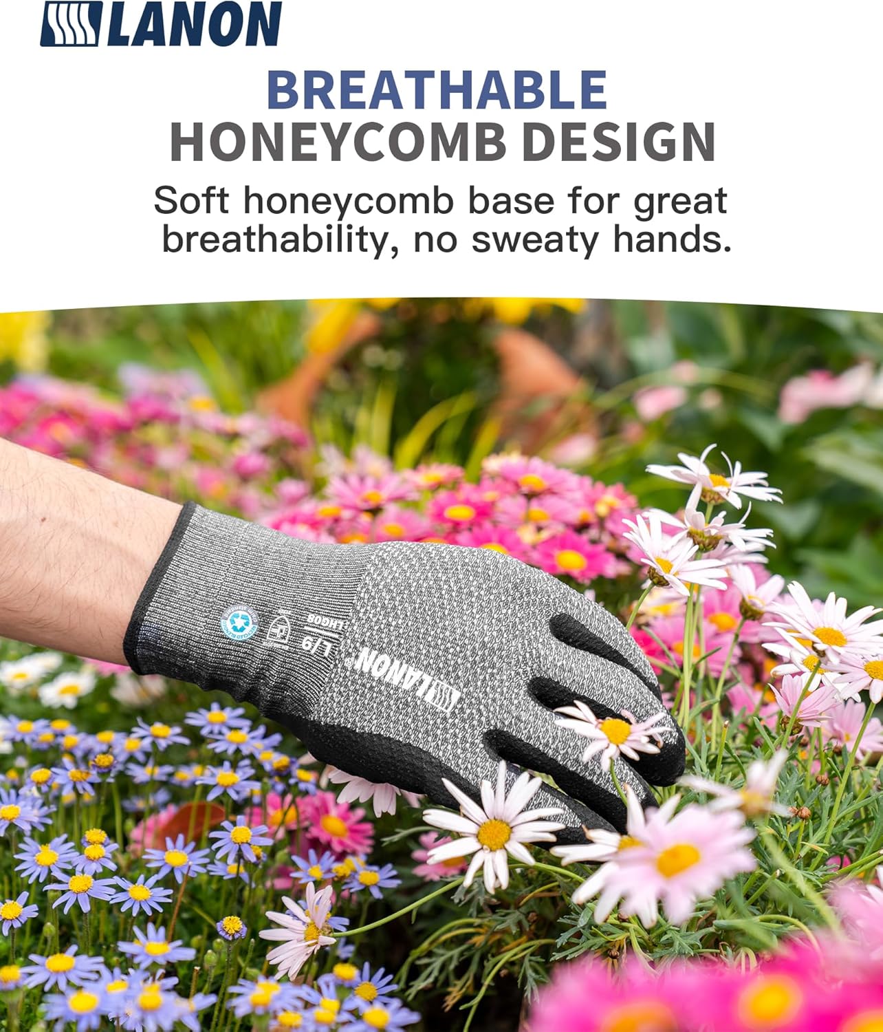 LANON Gardening Gloves for Men Women, 2 Pairs Nitrile Coated Garden Gloves with Grip, Breathable B.COMB AIR Technique, Dusty Olive & Bluebird, Medium