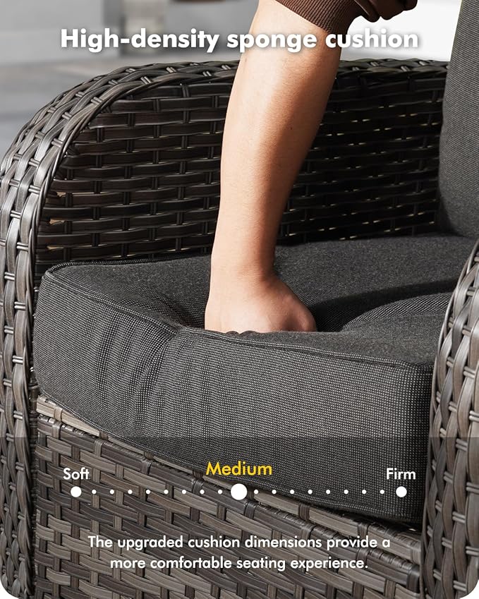 5 Pieces Patio Furniture Set,Outdoor Furniture with Rockers, Rattan Conversation Sets w/Coffee Table, Grey Wicker Black Cushion