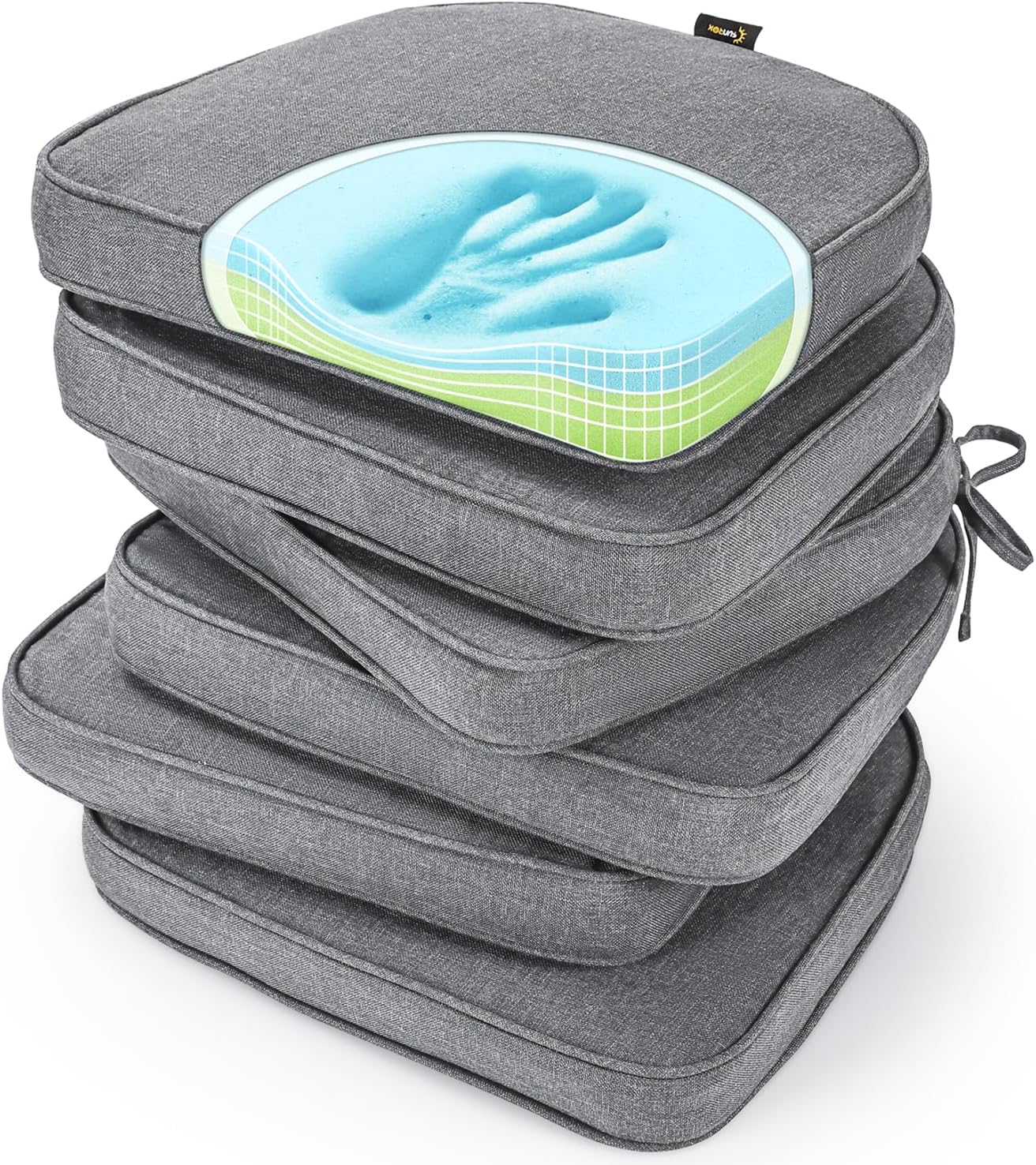 SUNROX Gel Memory Foam Chair Cushions, FadeShield Water-, Stain-Resistant Durable Reversible Seat Cushion Pads with Ties for Indoor/Outdoor Kitchen Dining Office 17"x16" Set of 6, Heather Charcoal