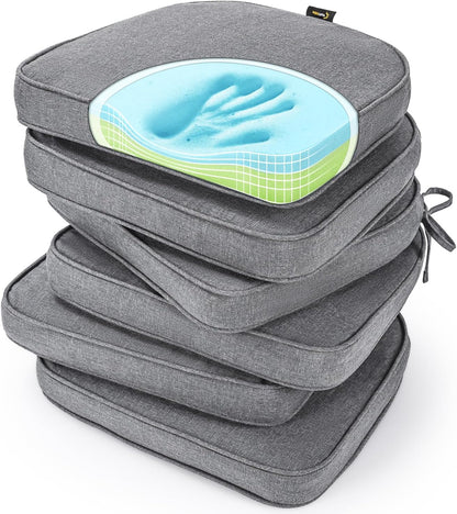 SUNROX Gel Memory Foam Chair Cushions, FadeShield Water-, Stain-Resistant Durable Reversible Seat Cushion Pads with Ties for Indoor/Outdoor Kitchen Dining Office 17"x16" Set of 6, Heather Charcoal