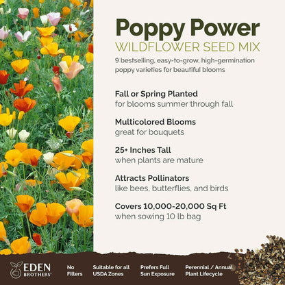 Eden Brothers Poppy Power Flower Mixed Seeds for Planting, 10 lb, 4,800,000+ Seeds with Red Corn, Iceland, California Poppy, Attracts Pollinators, Plant in Spring or Fall, Zone 3, 4, 5, 6, 7, 8, 9, 10