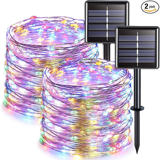 JMEXSUSS 2 Pack Solar Christmas Lights Outdoor Waterproof, Each 33FT 100 LED Multi Colored Solar Fairy Lights, 8 Modes String Light for Outside Yard Patio Tree Garden Christmas Decorations