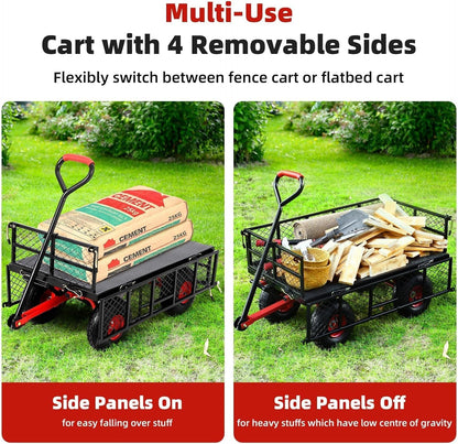 880 Lb 10 Inch Tire Steel Garden Cart with 4-Side Removable Mesh and 180° Swivel Handle, Garden Wagon Cart Heavy Duty, Heavy-Duty Patio Dump Cart Utility Wagon, for Lawn, Patio