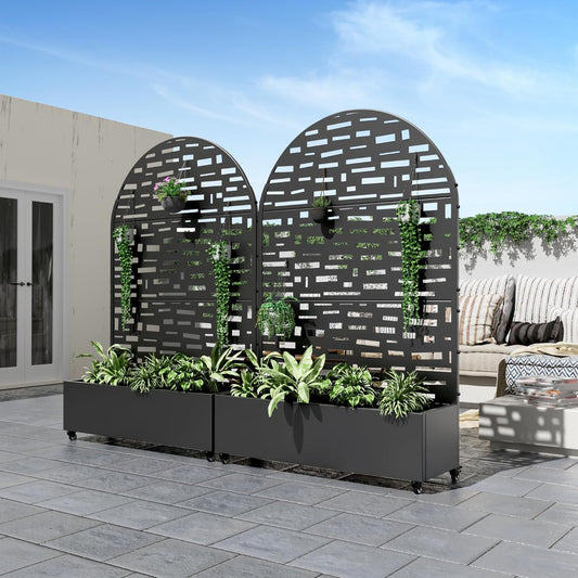 Casaphoria Metal Raised Garden Bed with Trellis and Wheels, 72"x47"x16" Arched Planter Box for Climbing Plants, Vegetables & Vines, Features Drainage Holes and Privacy Screen (Black-Gerald)