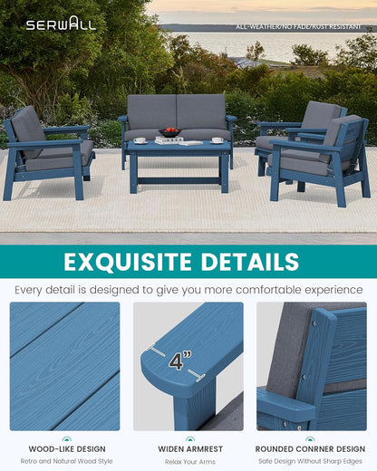 SERWALL HDPE Patio Furniture Set, 5 Piece All Weather Wood-Like Sectional Outdoor Furniture Set, Blue Patio Sofa Couch with Grey Cushions for Deck, Lawn