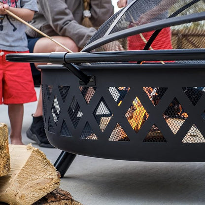 SUNCREAT 42” Patio Fire Pit Wood Burning with Mesh Spark Screen, Bonfire Outdoor firepit with Fireplace Poker, Black