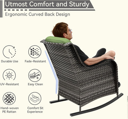 1 PC Outdoor Rocking Chair, Wicker Patio Rocker Chair for Yard, Porch, Mixed Brown Grey Rattan, Green Cushions