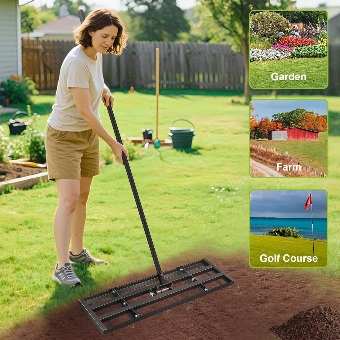 Lawn Leveling Rake-17"x10" Heavy Duty Leveler Reinforced Landscape Tool, Steel Golf Rake with Serrated Edge & Smooth Plate for Level Soil Compost Sand Grass Dirt Yard Garden 6.5FT Adjustable Handle