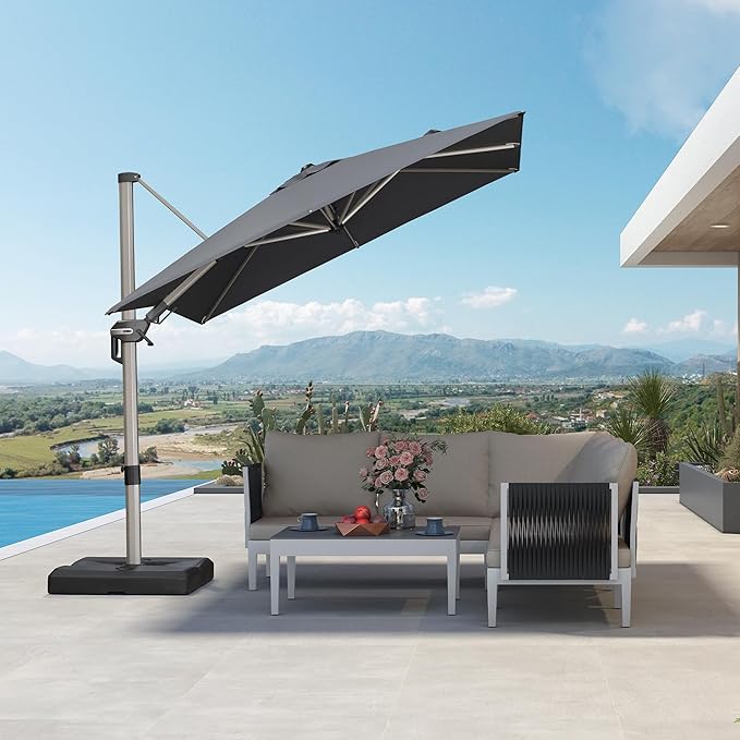 PURPLE LEAF 8' X 8' Left-right Tilting Patio Umbrella Outdoor Swivel Cantilever Umbrella Aluminum Offset Umbrella with Champagne Frame and 360-degree Rotation for Garden Deck Pool, Grey
