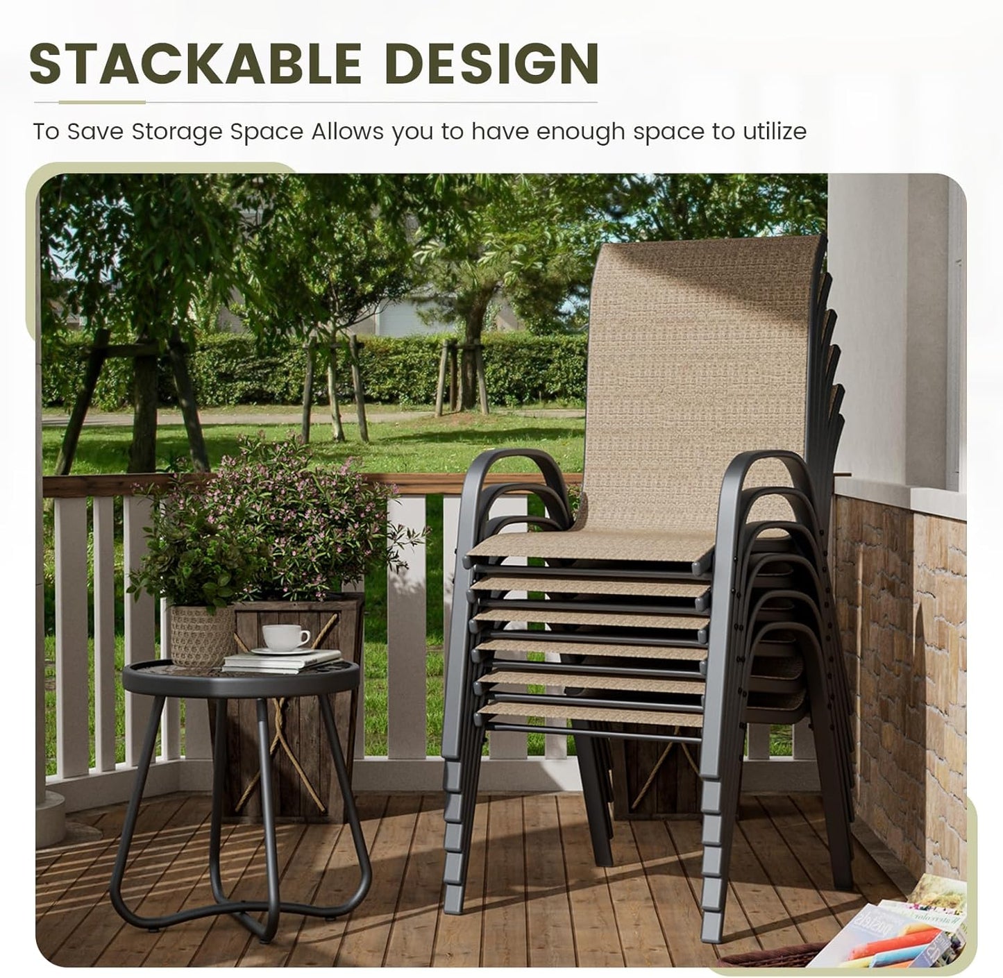 UDPATIO Patio Chairs Set of 6, Stackable Outdoor Dining Chairs with High Back, Breathable Textilene Fabric Outdoor Chair All Weather, 350LBS Capacity for Garden, Backyard (Brown)