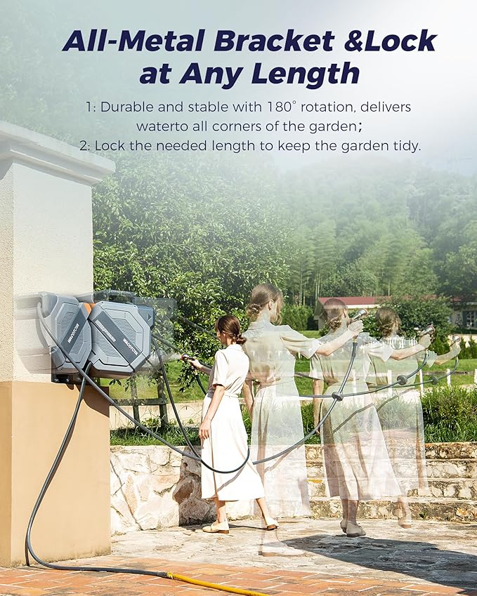Retractable Garden Hose Reel 1/2 in x 130 ft Professional Metal Bracket & 9-Pattern Metal Nozzle UV Resistant Brass Fitting Heavy Duty Wall Mount Any Length Lock Slow Retraction 180° Swivel