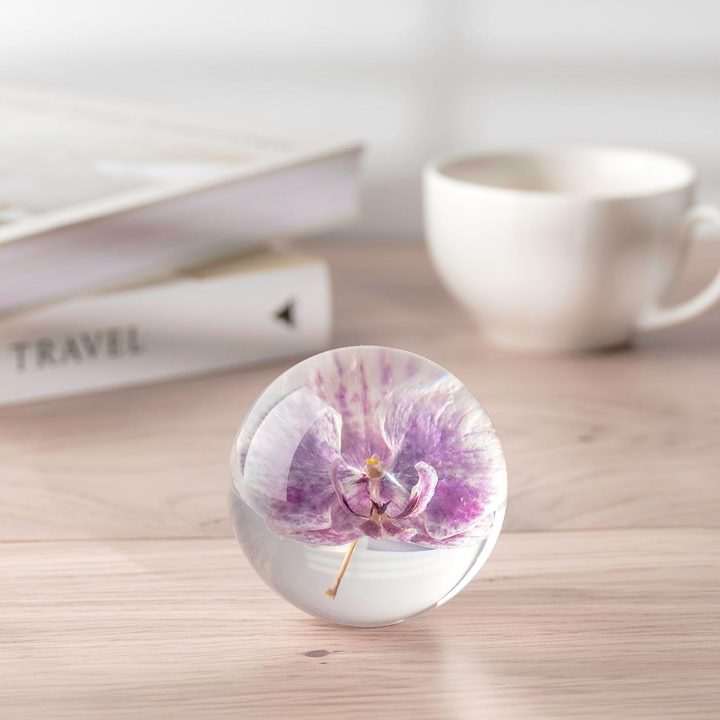 Real Purple Orchid Paperweight - Home Decor Crystal Resin Ball 3.14in (80mm) - Clear Resin Purple Orchid Flower Globe for Special Days - Sphere Figurine Office Paperweight w/Flat Bottom