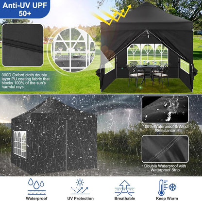 COBIZI 10x10 Pop up Canopy Tent Heavy Duty with 4 Sidewalls, Easy Set-up Commercial Outdoor Party Tent, 100% Waterproof Wedding Gazebo, 3 Height Adjustable with Wheeled Bag,Black
