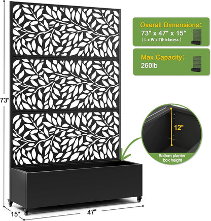 FENCY Metal Raised Garden Bed with Wheels and Trellis,73"x47"x16" Planter Box for Climbing Plants, Vegetables & Vines, Features Privacy Screen and Drainage Holes (Black-Leaf-2)