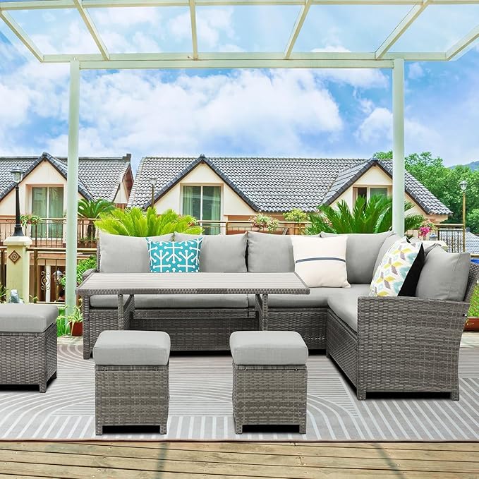 Wisteria Lane Patio Furniture Set, 7 Piece High Curved Back Outdoor Dining Sectional Sofa with Dining Table and Chair, All Weather Wicker Conversation Set with Ottoman, Grey