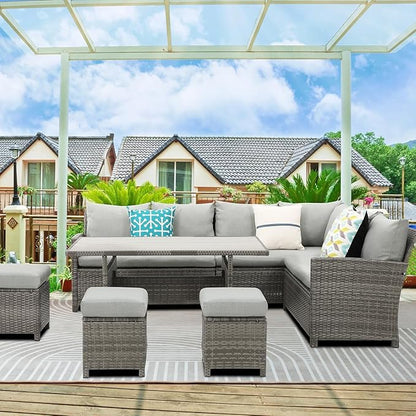 Wisteria Lane Patio Furniture Set, 7 Piece High Curved Back Outdoor Dining Sectional Sofa with Dining Table and Chair, All Weather Wicker Conversation Set with Ottoman, Grey