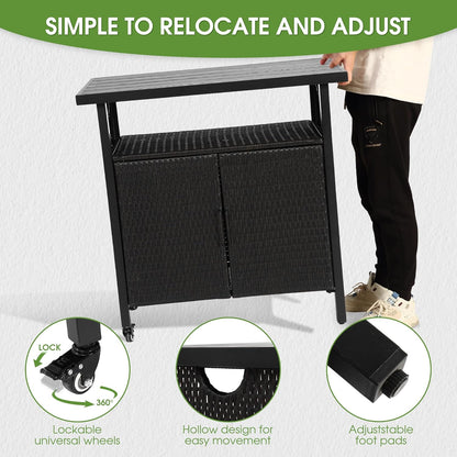 HOMEFUN Outdoor Bar Table Featuring Storage Cabinet: Wheeled Patio Serving Carts, Wicker Grill Cart Prep Station & Rolling Kitchen Island for Patio, Backyard and Outside Use, in Black