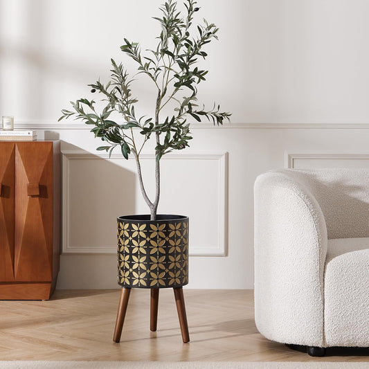 10 Inch Plant Pot with Stand, Planter for Indoor Plant Mid-Century with Drainage Holes for Outdoor,Black and Gold