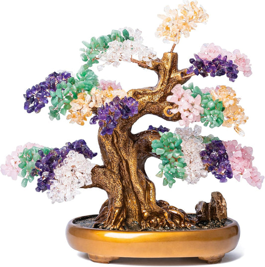 Natural Chakra Gemstone Crystal Bonsai Tree of Life Large Feng Shui Money Tree for Luck and Wealth Desk Decoration(1,251 Gem Count)