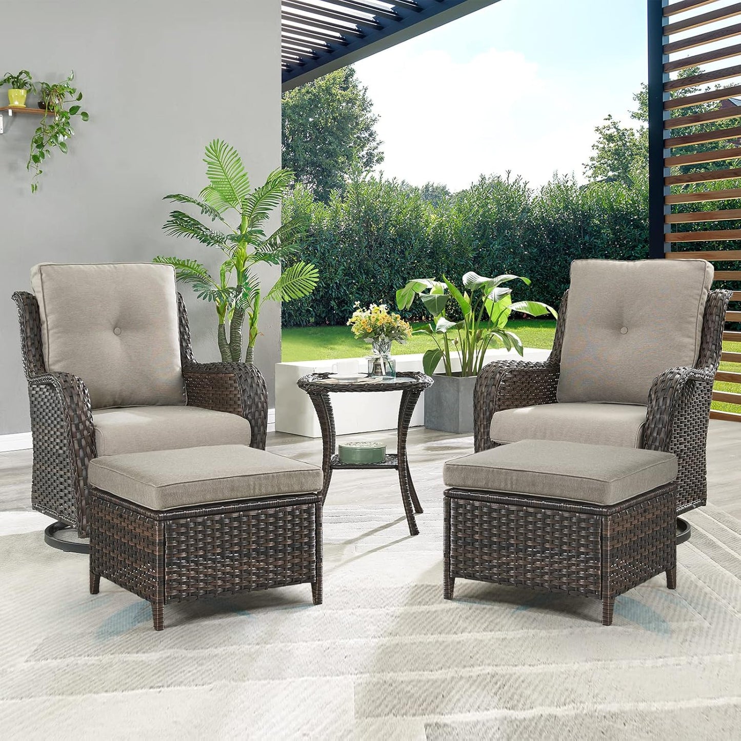 Outdoor Wicker Patio Furniture Set - 5 Pieces Rattan Patio Conversation Set with 2 Rocking Swivel Chairs,2 Ottomans and 1 Side Table for Porch Deck Backyard Garden(Brown/Grey)