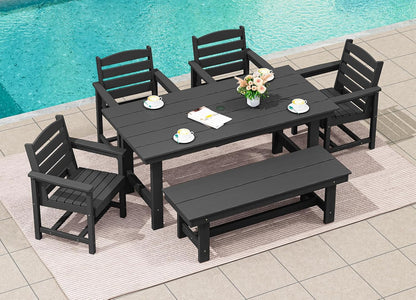 SERWALL 6-Person Outdoor Dining Table - 67" Rectangle HDPE Patio Table with Center Umbrella Hole, Weatherproof, Black