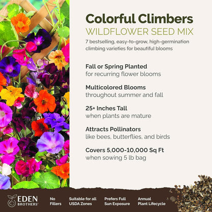 Eden Brothers Colorful Climbers Flower Mixed Seeds for Planting, 5 lb, 2,400,000+ Seeds with Morning Glory, Sweet Pea | Attracts Pollinators, Plant in Spring or Fall, Zones 3, 4, 5, 6, 7, 8, 9, 10