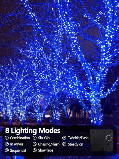 2 Pack 200 LED Solar String Lights Outdoor, Solar Christmas Lights with 8 Lighting Modes, Waterproof Green Wire Solar Tree Lights for Outside Xmas Wedding Party Garden Patio Yard Decorations (Blue)
