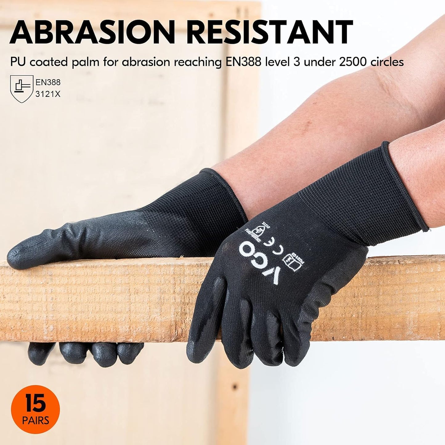 Vgo... 15-Pairs Safety Work Gloves, Gardening Gloves, Polyurethane Coated, Dipping Gloves, Latex Free (Size L, Black, PU2103)