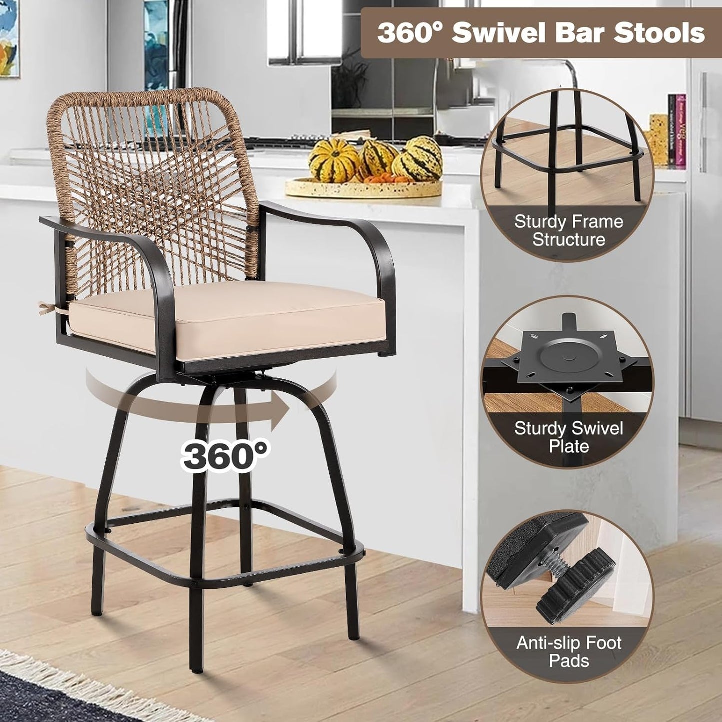 Outdoor Bar Stools Set of 6, Patio Swivel Counter Height Rattan Bar Stools, Patio Wicker Bar Swivel Chairs with Cushion, Outdoor Pool Bar Chairs for Backyard Garden Balcony w /360 Rotation