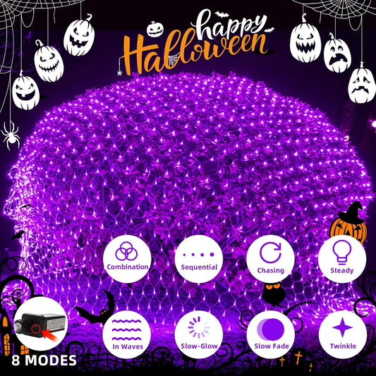 HeKation Halloween Net Lights Outdoor, Purple Halloween Net Mesh Lights 200 Led Bulbs Waterproof, for Indoor, Curtain, Tree, Bush, Party, Wedding, Fairy, Wall(9.8'x6.6', Plug in)