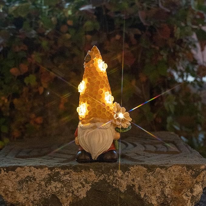 Garden Gnome Statue Solar Powered with Glowing Bees Sunflower Outdoor Funny Resin Figurine Decorations for Patio Yard Lawn Porch Housewarming Ornament Gift