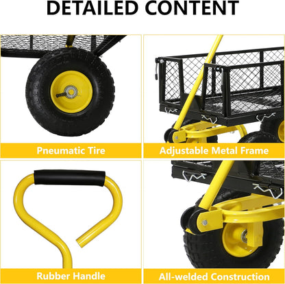 Steel Garden Cart, 2-in-1 Heavy Duty Utility Wagon 900 LBS Capacity Carts with Removable Mesh Sides to Convert into Flatbed, 240° U-Turn 10" Pneumatic Tires Garden Wagon for Lawn Camping Farm Yard