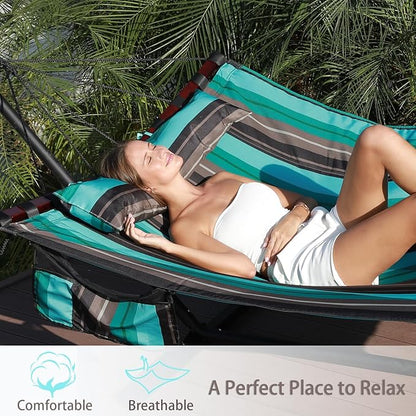 TegerDeger 12FT 2 Person Hammock Large Hammock 450LB Capacity with V Shaped Hardwood Spreader Bar & Nylon Rope for Outside, Patio, Garden, Backyard, Beach, Poolside - Teal Stripes