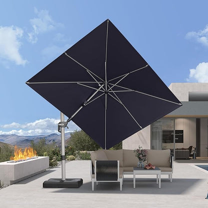 PURPLE LEAF 8' X 10' Left-right Tilting Patio Umbrella Outdoor Swivel Cantilever Umbrella Aluminum Offset Umbrella with Champagne Frame and 360-degree Rotation for Garden Deck Pool, Navy Blue