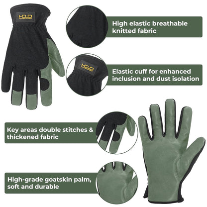 HLDD HANDLANDY Leather Gardening Gloves for Men, Utility Work Gloves for Gardening, Yardwork, Construction, Mechanics with Reinforced Palm, Green M