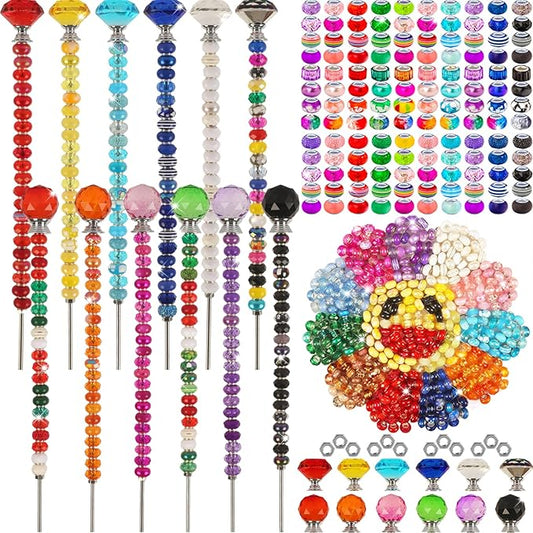 300 Pcs Garden Stakes Diy Fairy Wand Garden Stakes Kit, Colorful Large Hole Bead Crystal Diamond Stopper Top 12 Stainless Steel Threaded Rod Beaded Fairy Wands Supplies For Outdoor Beadable Decorative