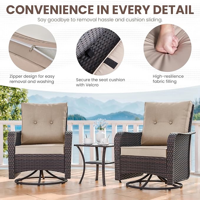 Gotland 3 Pieces Patio Set, Outdoor Swivel Chairs Set of 2 with 4'' Waterproof Cushions High Back Double-Layer Side Table, Wicker Rocking Patio Chairs Set of 2 for Balcony, Porch, Garden