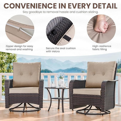 Gotland 3 Pieces Patio Set, Outdoor Swivel Chairs Set of 2 with 4'' Waterproof Cushions High Back Double-Layer Side Table, Wicker Rocking Patio Chairs Set of 2 for Balcony, Porch, Garden
