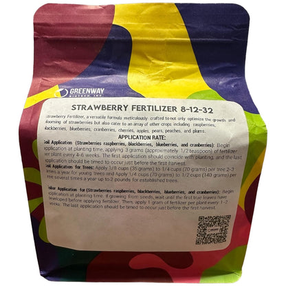 Greenway Biotech Strawberry 8-12-32 Fertilizer Powder 100% Water Soluble Plus Trace Minerals- Includes Essential Chelated Micronutrients for Tasty Fruits (2 Pounds 400 Gallons)