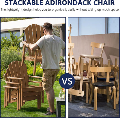Stackable Adirondack Chair, HDPE Outdoor Patio Chair - Durable and Space Saving, Suitable for Porches, Lawns or Garden, Teak