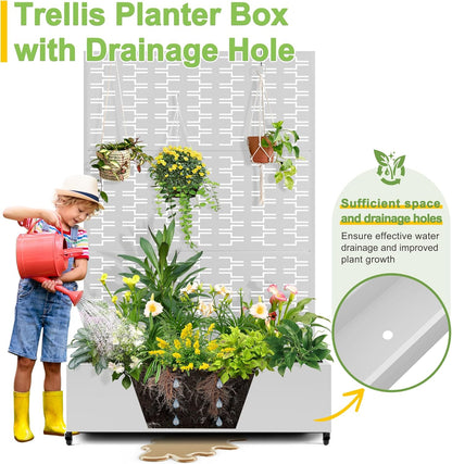 FENCY Metal Raised Garden Bed with Wheels and Trellis,73"x47"x16" Planter Box for Climbing Plants, Vegetables & Vines, Features Privacy Screen and Drainage Holes (White-Brick)