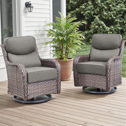 Outdoor Patio Swivel Rocker Chairs Set of 2, Waterproof Wicker, High Back, Deep Seating, Wide Armrest, Upgraded 6 inch Thick Cushions, Ideal for Deck Porch Backyard, Brown/Grey