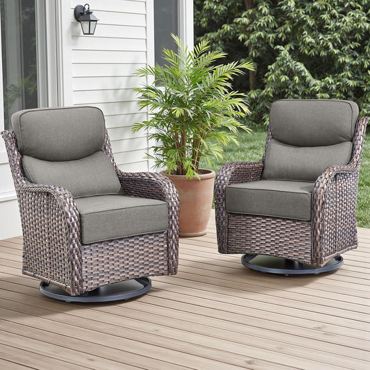 Outdoor Patio Swivel Rocker Chairs Set of 2, Waterproof Wicker, High Back, Deep Seating, Wide Armrest, Upgraded 6 inch Thick Cushions, Ideal for Deck Porch Backyard, Brown/Grey