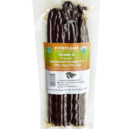2oz Madagascar Organic Vanilla Beans Gourmet Grade A. Certified USDA Organic 6"-8" by FITNCLEAN VANILLA Bourbon Fresh for Extract, Essence, Brewing, Baking NON-GMO Whole Pods